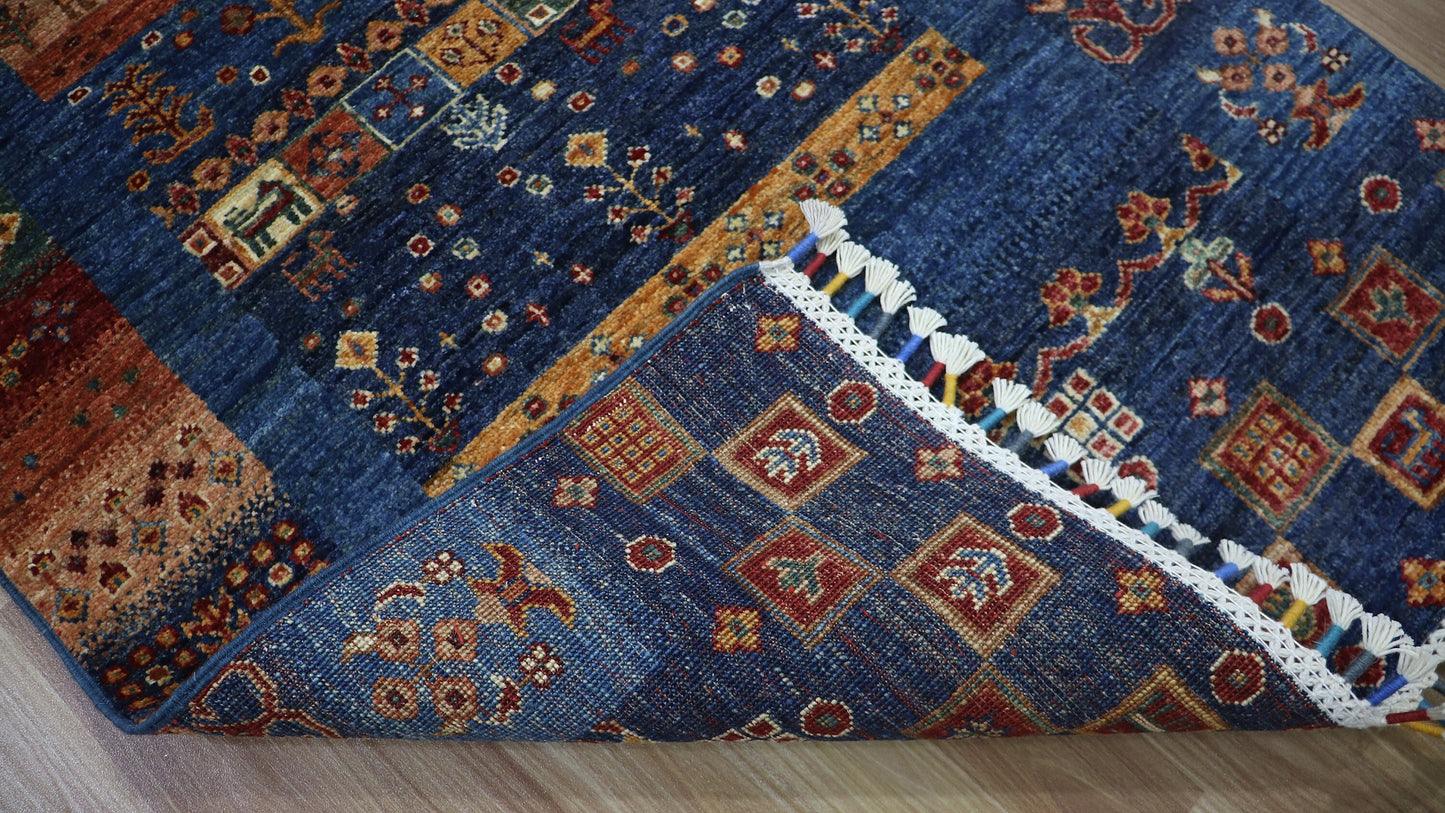 9 Ft Tribal Gabbeh Runner Rug, Blue Afghan Hand Knotted Wool Traditional Rectangle Carpet, Entryway Rug, Hallway Rug, Kitchen Rug, Foyer Rug