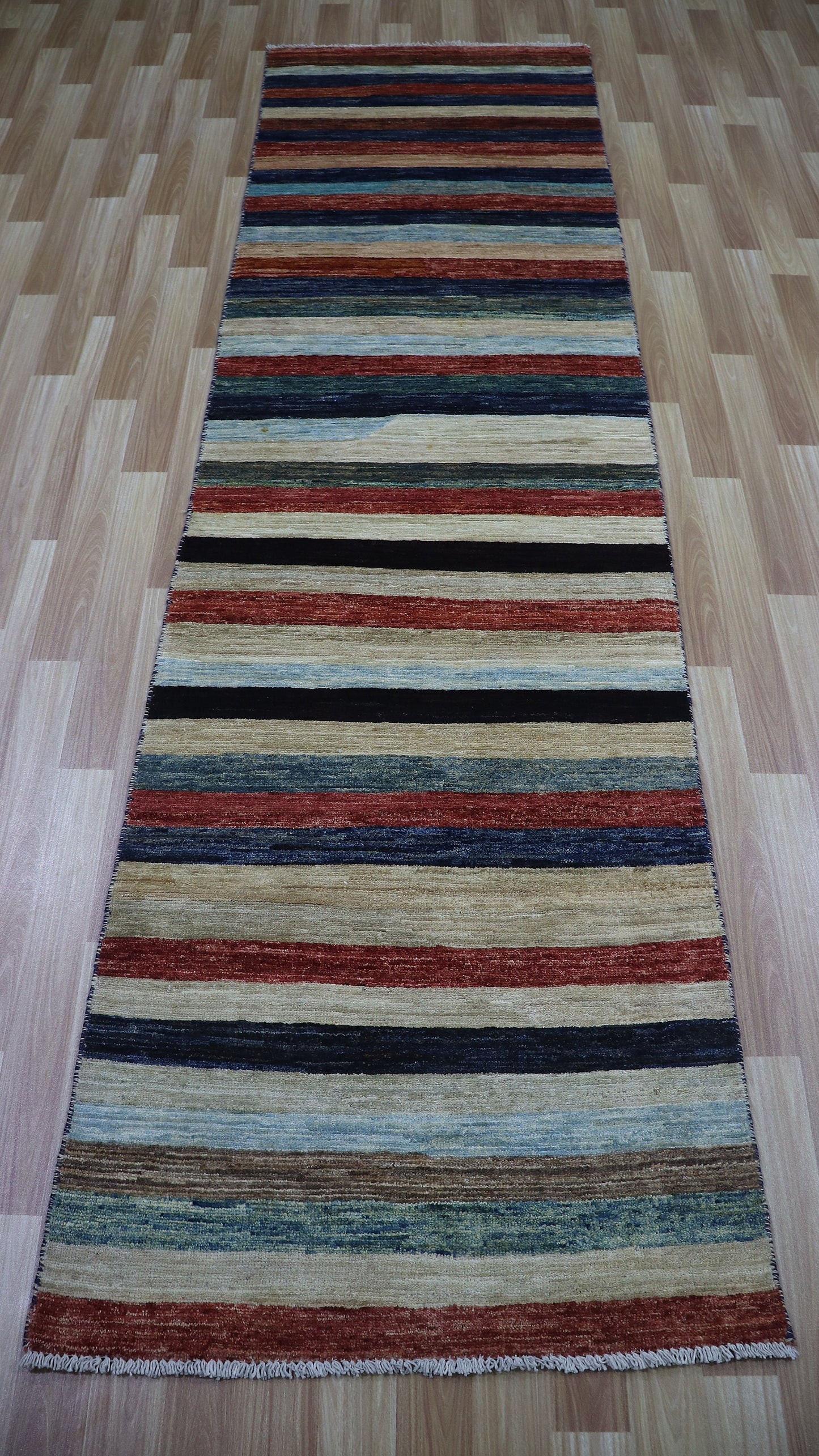 9 Ft Striped Runner Rug, Colorful Afghan Hand Knotted Wool Traditional Rectangle Carpet, Entryway Rug, Hallway Rug, Kitchen Rug, Foyer Rug