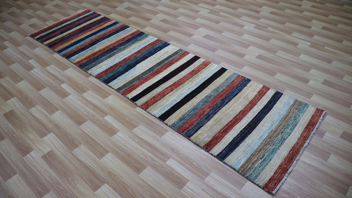 9 Ft Striped Runner Rug, Colorful Afghan Hand Knotted Wool Traditional Rectangle Carpet, Entryway Rug, Hallway Rug, Kitchen Rug, Foyer Rug