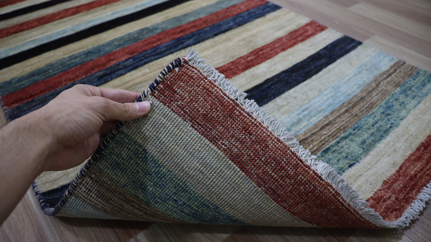 9 Ft Striped Runner Rug, Colorful Afghan Hand Knotted Wool Traditional Rectangle Carpet, Entryway Rug, Hallway Rug, Kitchen Rug, Foyer Rug