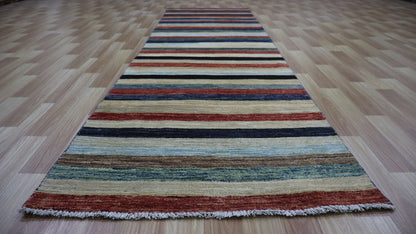 9 Ft Striped Runner Rug, Colorful Afghan Hand Knotted Wool Traditional Rectangle Carpet, Entryway Rug, Hallway Rug, Kitchen Rug, Foyer Rug