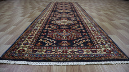 9 Ft Kazak Oriental Runner Rug, Afghan Hand Knotted Wool Traditional Rectangle Carpet, Entryway Rug, Hallway Rug, Kitchen Rug, Foyer Rug