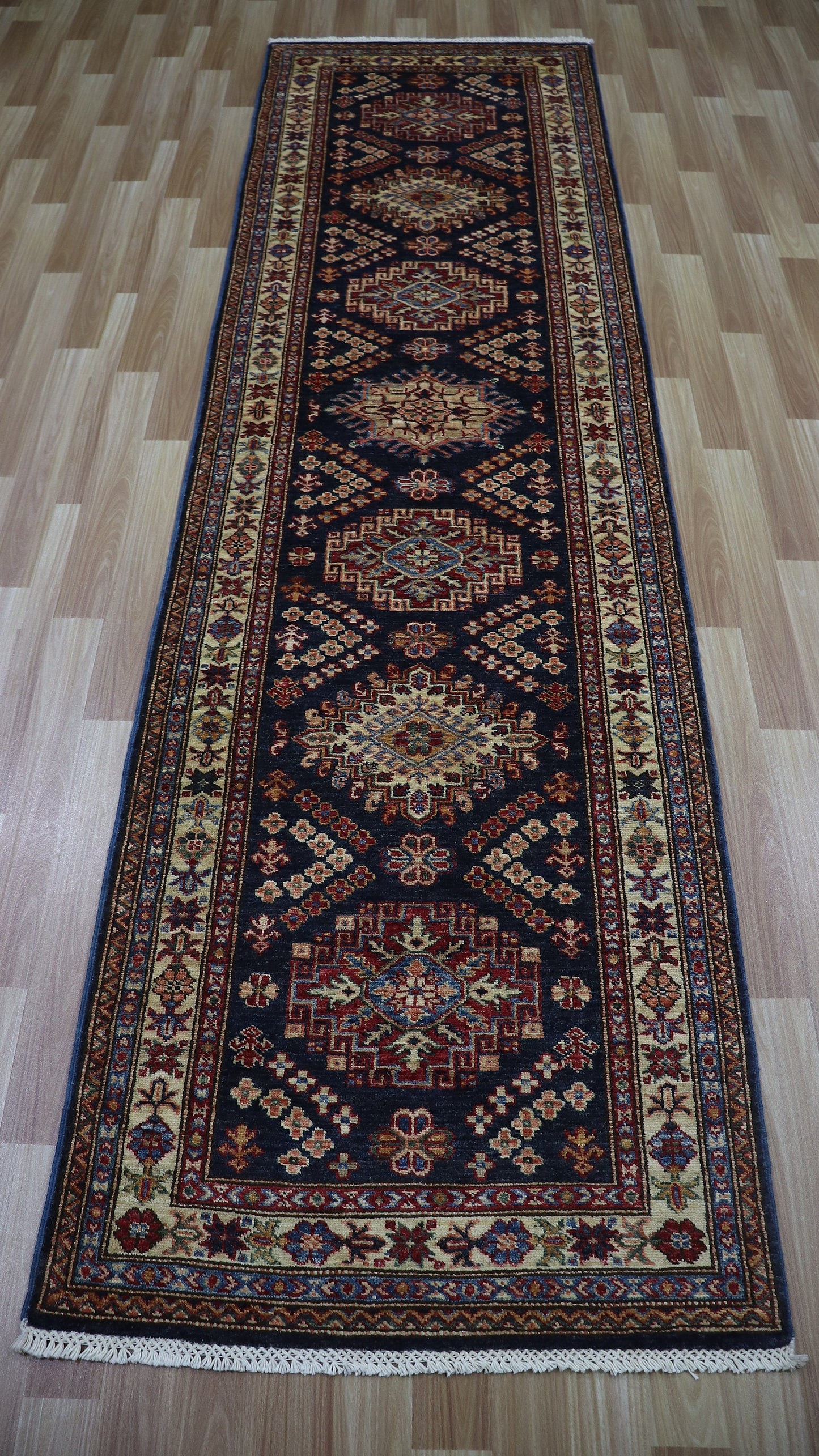 9 Ft Kazak Oriental Runner Rug, Afghan Hand Knotted Wool Traditional Rectangle Carpet, Entryway Rug, Hallway Rug, Kitchen Rug, Foyer Rug