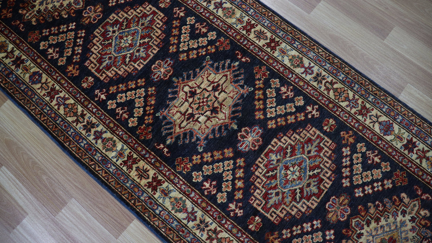 9 Ft Kazak Oriental Runner Rug, Afghan Hand Knotted Wool Traditional Rectangle Carpet, Entryway Rug, Hallway Rug, Kitchen Rug, Foyer Rug