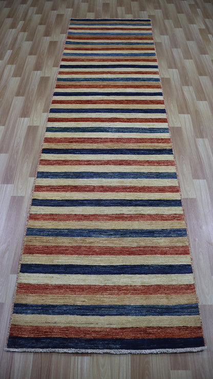 10 Ft Striped Gabbeh Runner Rug, Afghan Hand Knotted Wool Traditional Rectangle Carpet, Entryway Rug, Hallway Rug, Kitchen Rug, Foyer Rug