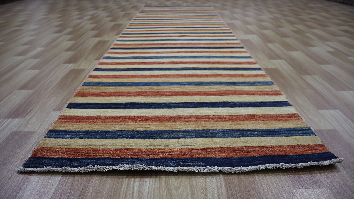 10 Ft Striped Gabbeh Runner Rug, Afghan Hand Knotted Wool Traditional Rectangle Carpet, Entryway Rug, Hallway Rug, Kitchen Rug, Foyer Rug