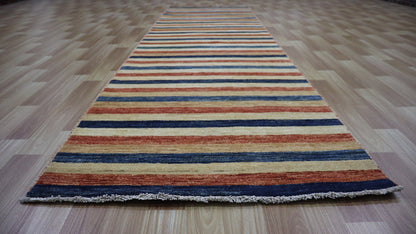 10 Ft Striped Gabbeh Runner Rug, Afghan Hand Knotted Wool Traditional Rectangle Carpet, Entryway Rug, Hallway Rug, Kitchen Rug, Foyer Rug