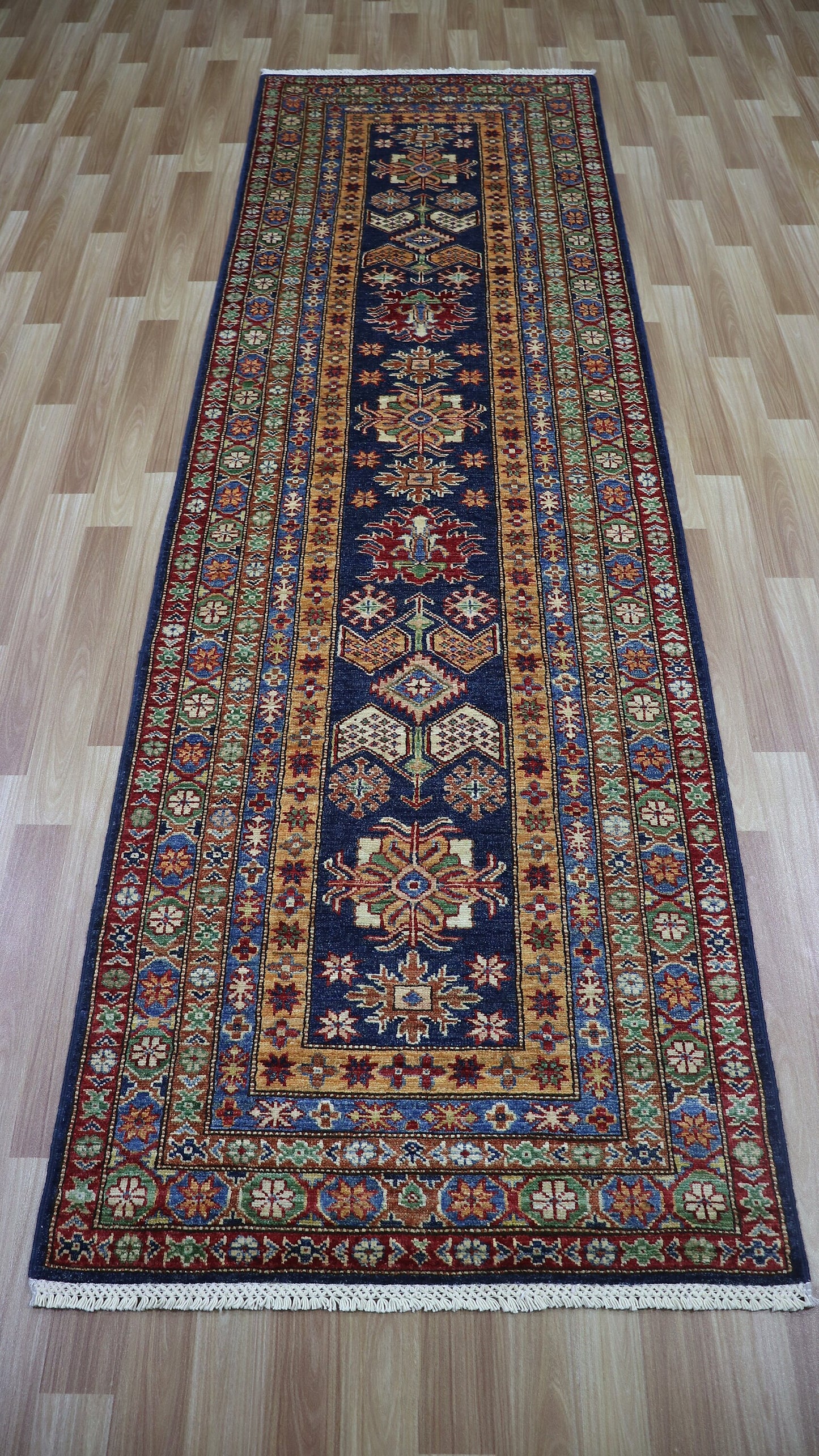 10 Ft Oriental Kazak Runner Rug, Afghan Hand Knotted Wool Traditional Rectangle Carpet, Entryway Rug, Hallway Rug, Kitchen Rug, Foyer Rug