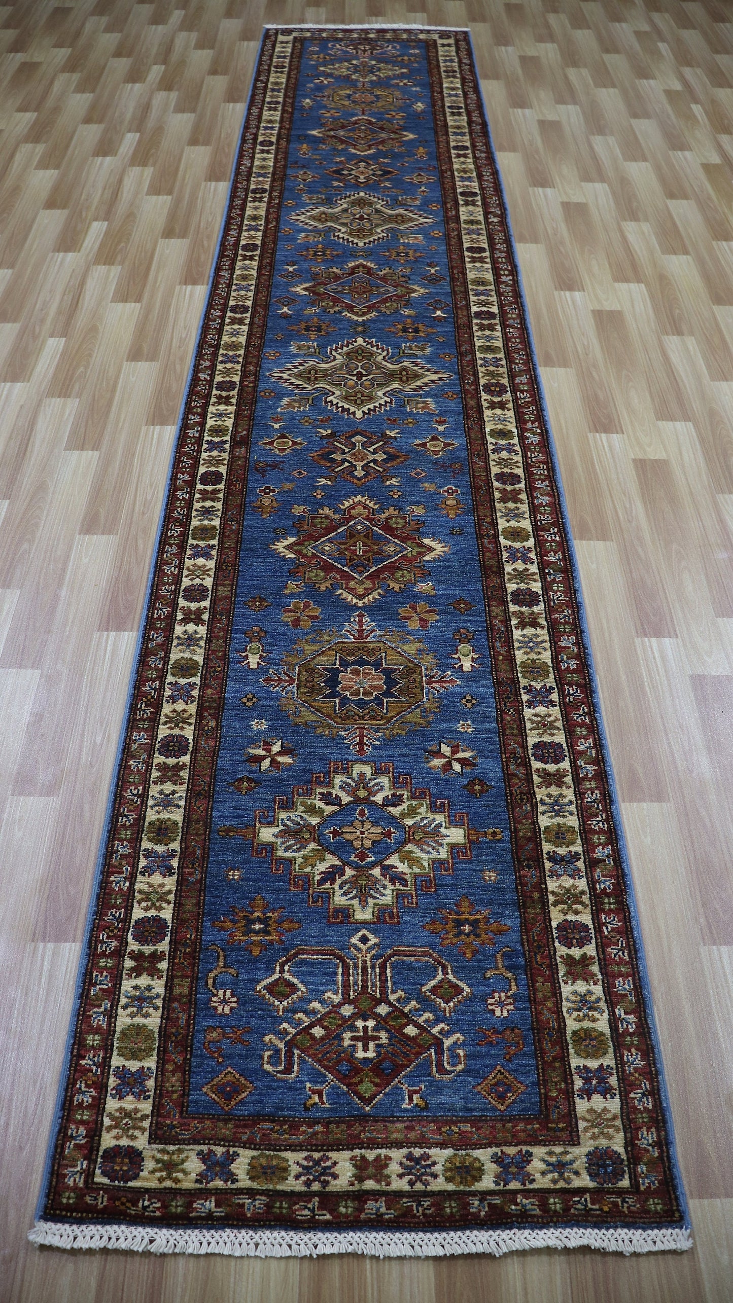 13 Ft Oriental Kazak Long Runner Rug, Blue Afghan Hand Knotted Wool Traditional Carpet, Entryway Rug, Hallway Rug, Kitchen Rug, Foyer Rug