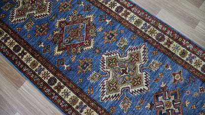 13 Ft Oriental Kazak Long Runner Rug, Blue Afghan Hand Knotted Wool Traditional Carpet, Entryway Rug, Hallway Rug, Kitchen Rug, Foyer Rug