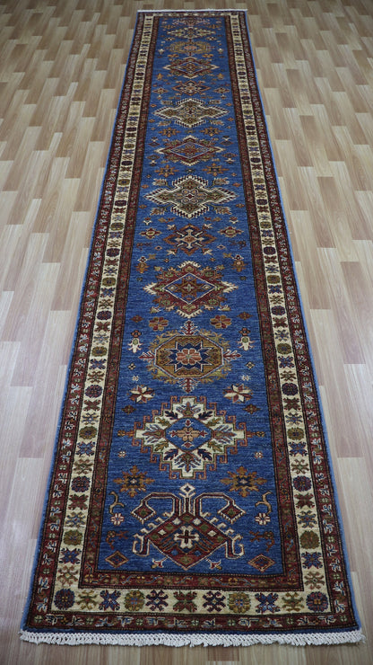 13 Ft Kazak Oriental Long Runner Rug, Blue Afghan Hand Knotted Wool Traditional Carpet, Entryway Rug, Hallway Rug, Kitchen Rug, Stair Rug