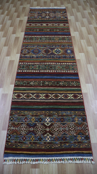 10 Ft Oriental Runner Rug, Afghan Hand Knotted Wool Striped Rectangle Carpet, Entryway Rug, Hallway Rug, Kitchen Rug, Foyer Rug, Stair Rug