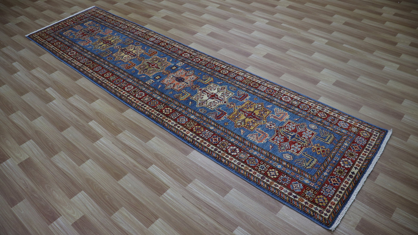 10 Ft Oriental Runner Rug, Blue Red Afghan Hand Knotted Wool Traditional Rectangle Carpet, Entryway Rug, Hallway Rug, Kitchen Rug, Foyer Rug