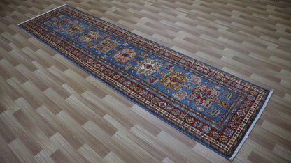 10 Ft Oriental Runner Rug, Blue Red Afghan Hand Knotted Wool Traditional Rectangle Carpet, Entryway Rug, Hallway Rug, Kitchen Rug, Foyer Rug