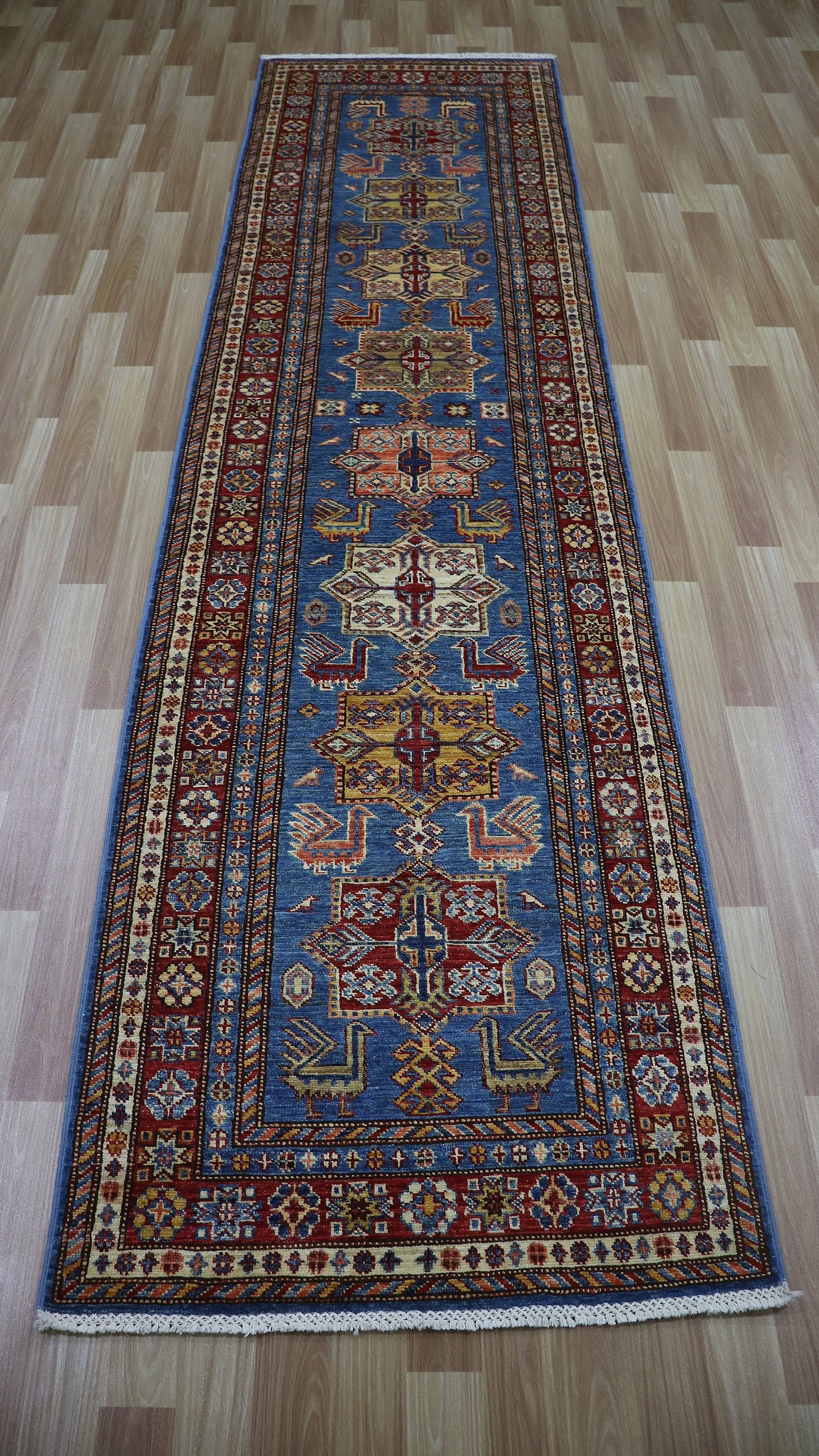 10 Ft Oriental Runner Rug, Blue Red Afghan Hand Knotted Wool Traditional Rectangle Carpet, Entryway Rug, Hallway Rug, Kitchen Rug, Foyer Rug