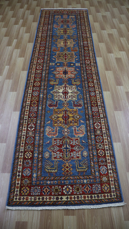 10 Ft Oriental Runner Rug, Blue Red Afghan Hand Knotted Wool Traditional Rectangle Carpet, Entryway Rug, Hallway Rug, Kitchen Rug, Foyer Rug