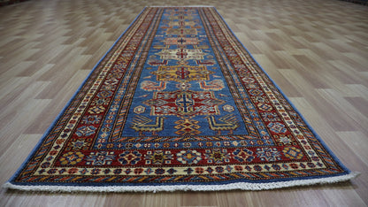 10 Ft Oriental Runner Rug, Blue Red Afghan Hand Knotted Wool Traditional Rectangle Carpet, Entryway Rug, Hallway Rug, Kitchen Rug, Foyer Rug