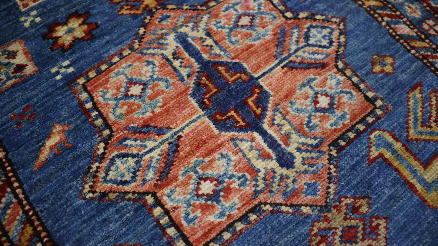 10 Ft Oriental Runner Rug, Blue Red Afghan Hand Knotted Wool Traditional Rectangle Carpet, Entryway Rug, Hallway Rug, Kitchen Rug, Foyer Rug