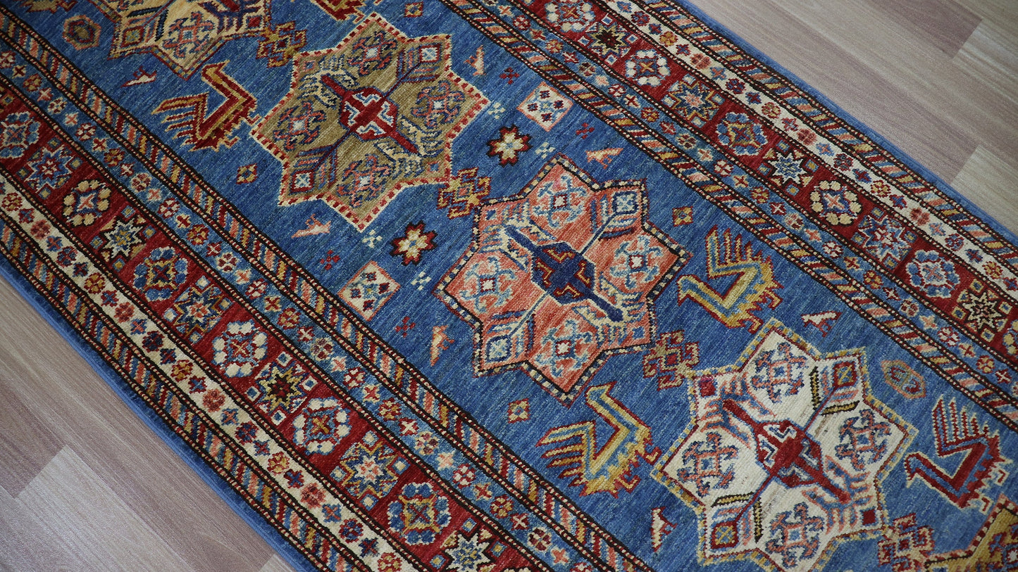 10 Ft Oriental Runner Rug, Blue Red Afghan Hand Knotted Wool Traditional Rectangle Carpet, Entryway Rug, Hallway Rug, Kitchen Rug, Foyer Rug