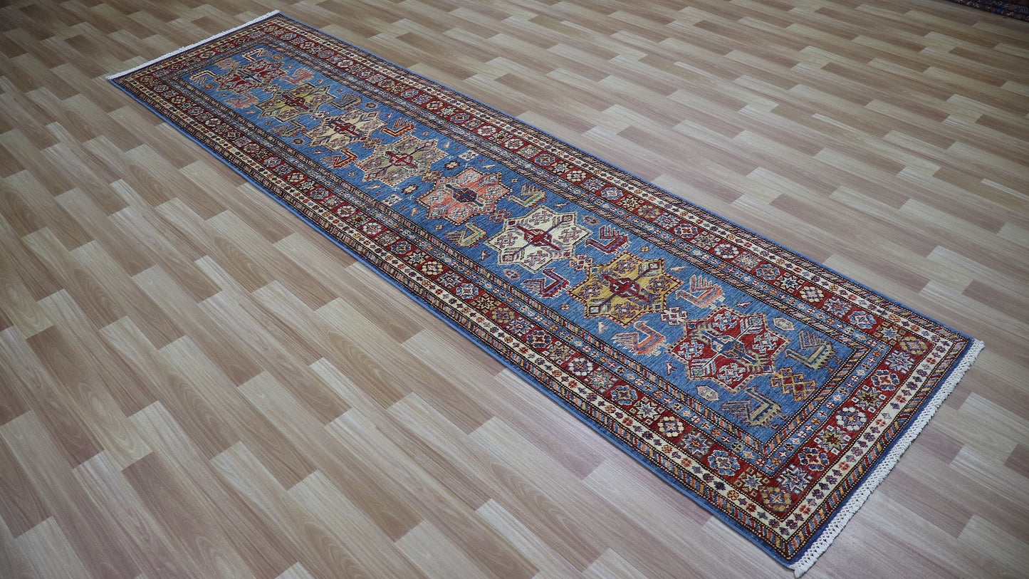 10 Ft Runner Rug, Blue Oriental Afghan Hand Knotted Wool Traditional Rectangle Carpet, Entryway Rug, Hallway Rug, Kitchen Rug, Foyer Rug