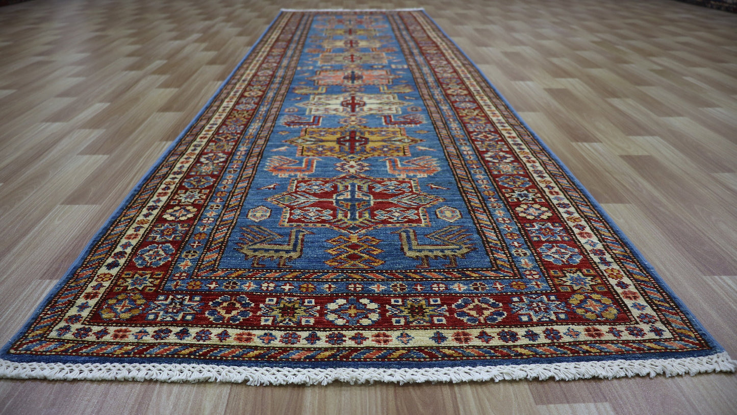 10 Ft Runner Rug, Blue Oriental Afghan Hand Knotted Wool Traditional Rectangle Carpet, Entryway Rug, Hallway Rug, Kitchen Rug, Foyer Rug