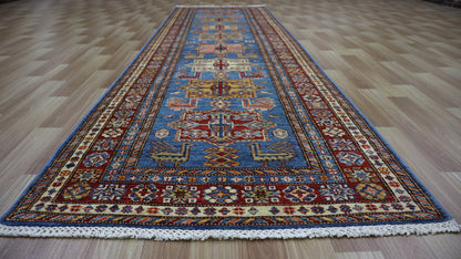 10 Ft Runner Rug, Blue Oriental Afghan Hand Knotted Wool Traditional Rectangle Carpet, Entryway Rug, Hallway Rug, Kitchen Rug, Foyer Rug