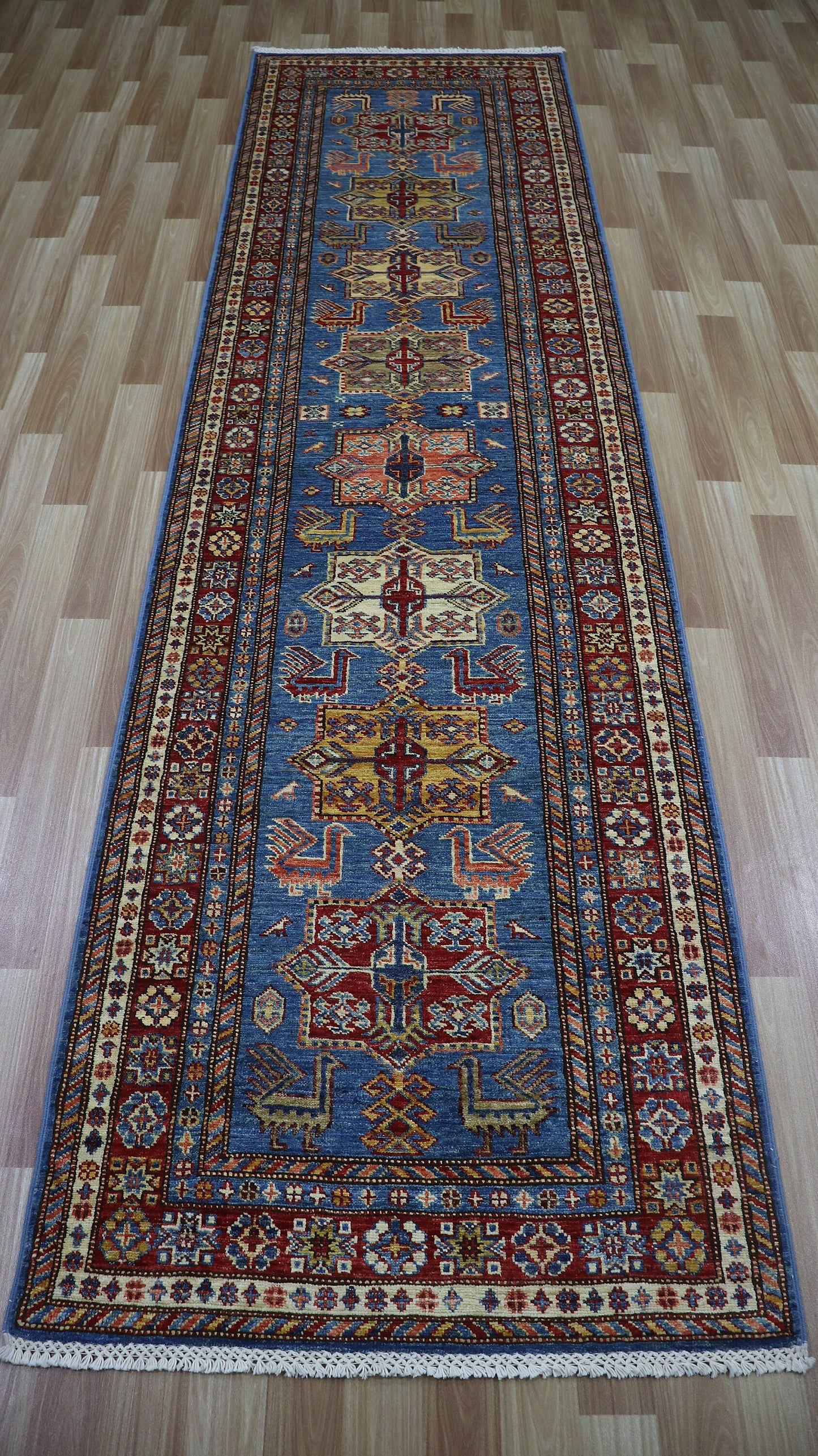 10 Ft Runner Rug, Blue Oriental Afghan Hand Knotted Wool Traditional Rectangle Carpet, Entryway Rug, Hallway Rug, Kitchen Rug, Foyer Rug