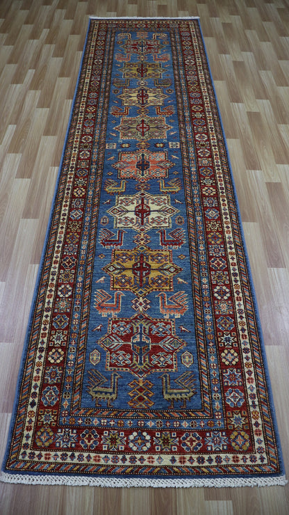 10 Ft Runner Rug, Blue Oriental Afghan Hand Knotted Wool Traditional Rectangle Carpet, Entryway Rug, Hallway Rug, Kitchen Rug, Foyer Rug