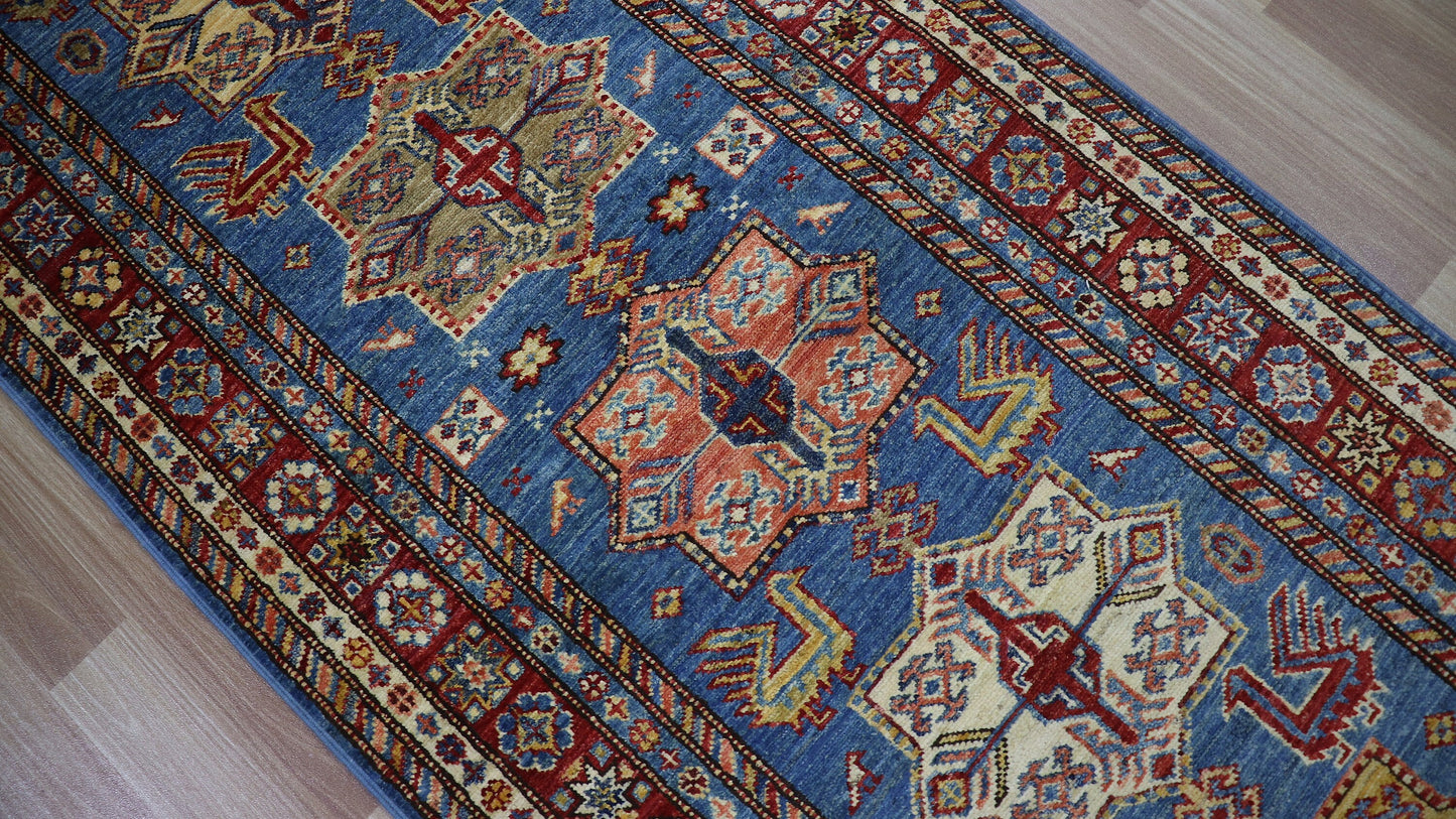 10 Ft Runner Rug, Blue Oriental Afghan Hand Knotted Wool Traditional Rectangle Carpet, Entryway Rug, Hallway Rug, Kitchen Rug, Foyer Rug