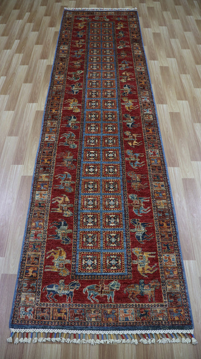 10 Ft Pazyryk Runner Rug, Red Blue Afghan Hand Knotted Wool Traditional Rectangle Carpet, Entryway Rug, Hallway Rug, Kitchen Rug, Foyer Rug