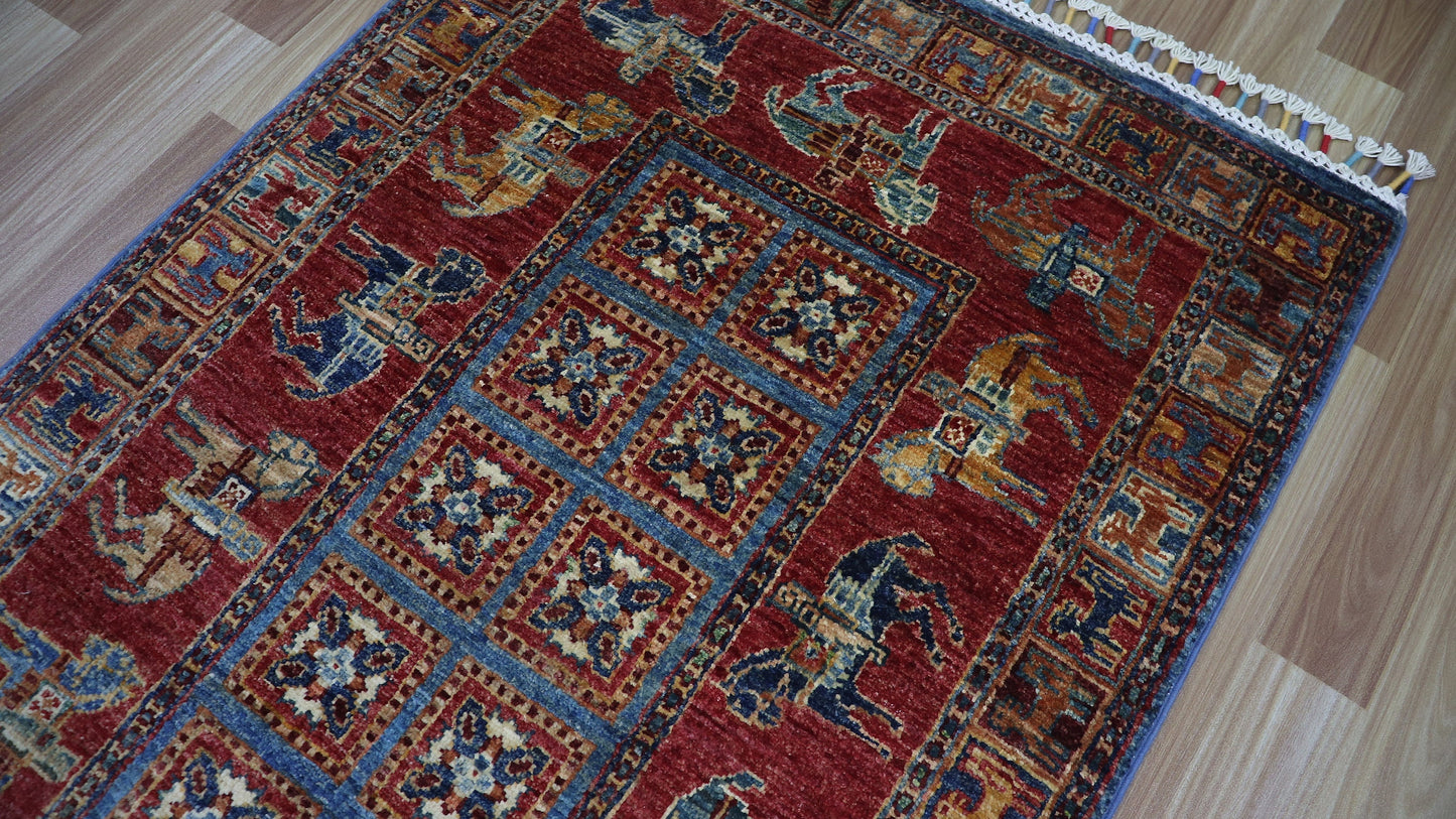 10 Ft Pazyryk Runner Rug, Red Blue Afghan Hand Knotted Wool Traditional Rectangle Carpet, Entryway Rug, Hallway Rug, Kitchen Rug, Foyer Rug