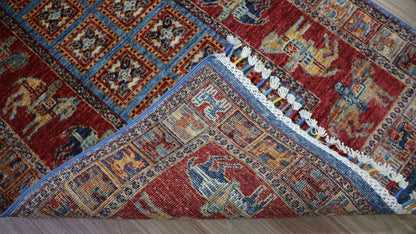 10 Ft Pazyryk Runner Rug, Red Blue Afghan Hand Knotted Wool Traditional Rectangle Carpet, Entryway Rug, Hallway Rug, Kitchen Rug, Foyer Rug