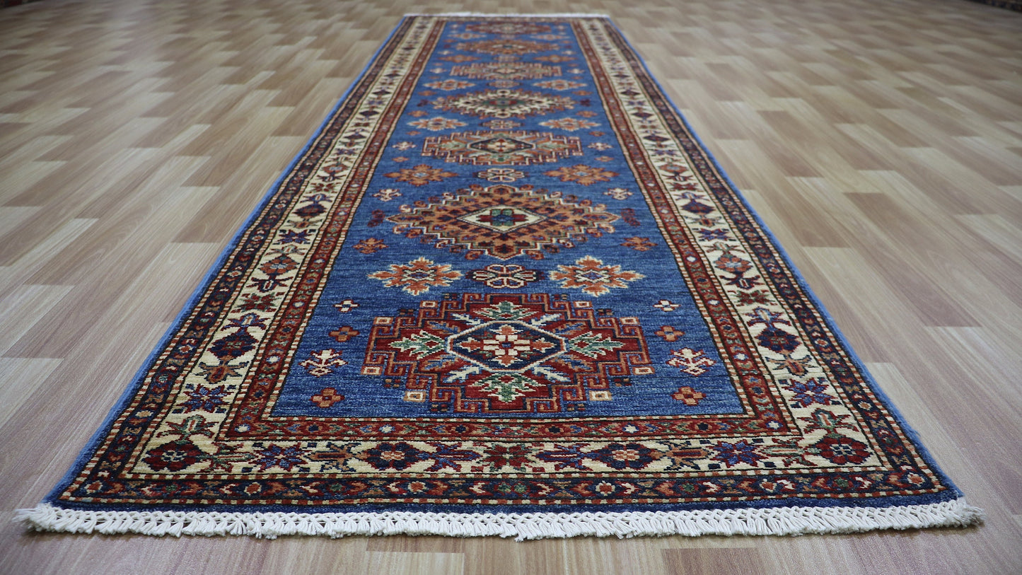 9 Ft Oriental Runner Rug, Blue Afghan Hand Knotted Wool Traditional Rectangle Carpet, Entryway Rug, Hallway Rug, Kitchen Rug, Foyer Rug