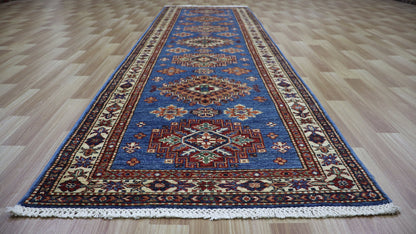 9 Ft Oriental Runner Rug, Blue Afghan Hand Knotted Wool Traditional Rectangle Carpet, Entryway Rug, Hallway Rug, Kitchen Rug, Foyer Rug