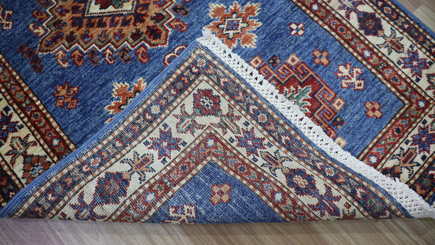 9 Ft Oriental Runner Rug, Blue Afghan Hand Knotted Wool Traditional Rectangle Carpet, Entryway Rug, Hallway Rug, Kitchen Rug, Foyer Rug