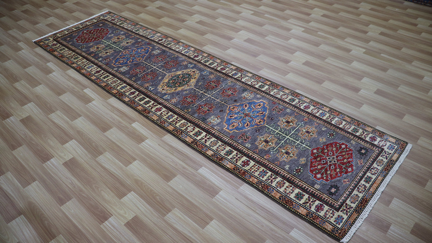 10 Ft Oriental Runner Rug, Gray Afghan Hand Knotted Wool Traditional Rectangle Carpet, Entryway Rug, Hallway Rug, Kitchen Rug, Foyer Rug