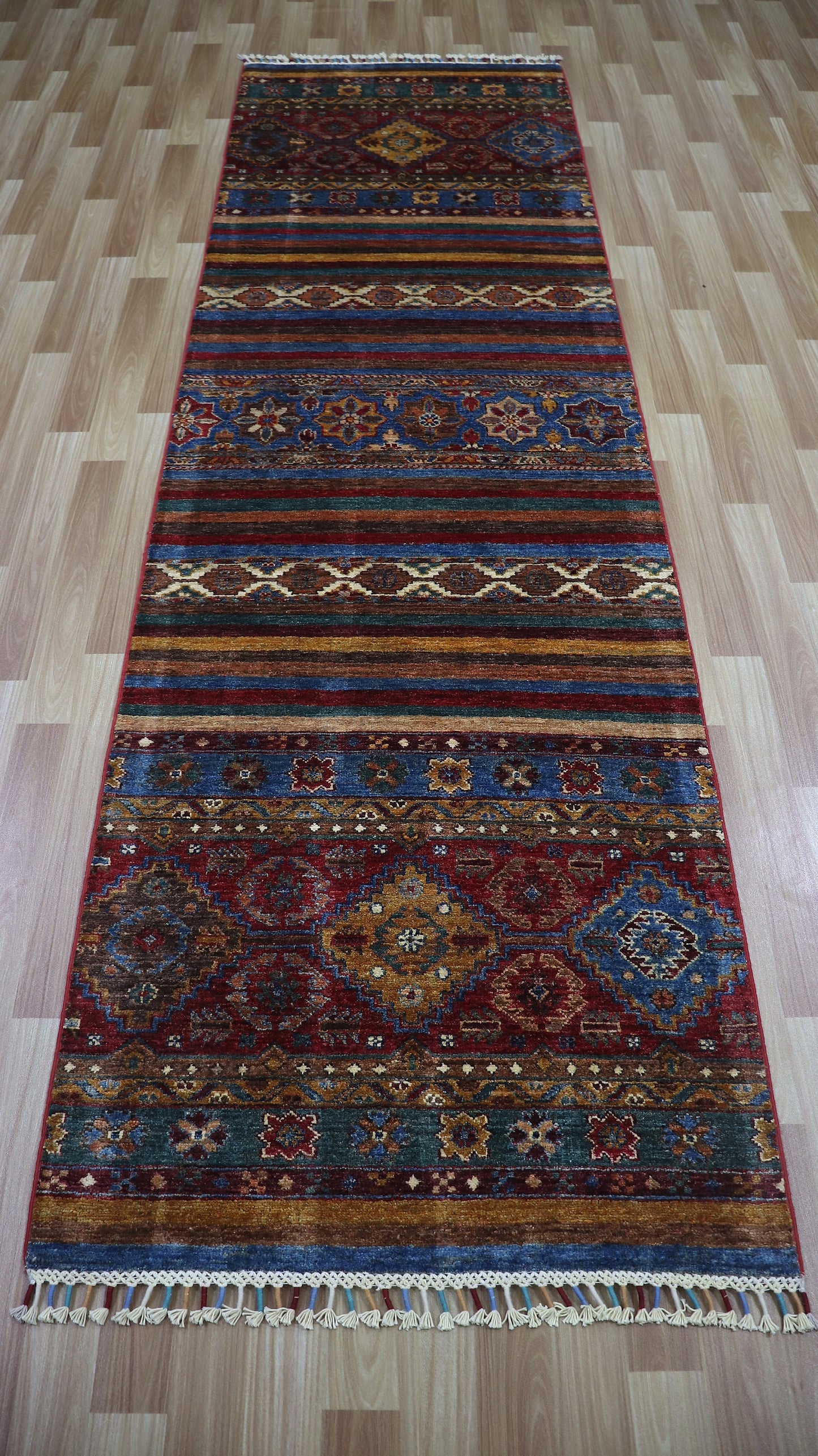 10 Ft Tribal Runner Rug, Red Blue Afghan Hand Knotted Wool Traditional Rectangle Carpet, Entryway Rug, Hallway Rug, Kitchen Rug, Foyer Rug