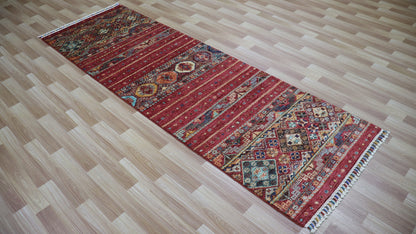 8 Ft Red Hand Knotted Wool Runner Rug, Afghan Traditional Rectangle Carpet, Entryway Rug, Hallway Rug, Kitchen Rug, Foyer Rug, Oriental Rug