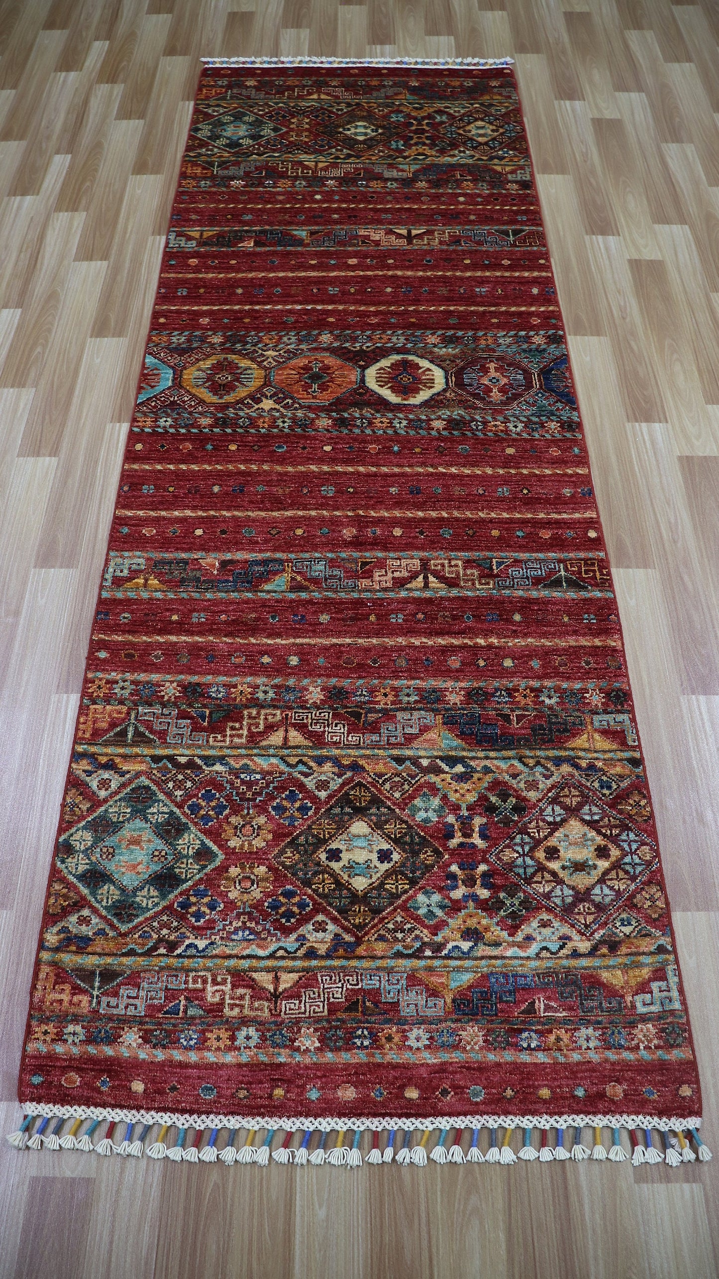 8 Ft Red Hand Knotted Wool Runner Rug, Afghan Traditional Rectangle Carpet, Entryway Rug, Hallway Rug, Kitchen Rug, Foyer Rug, Oriental Rug