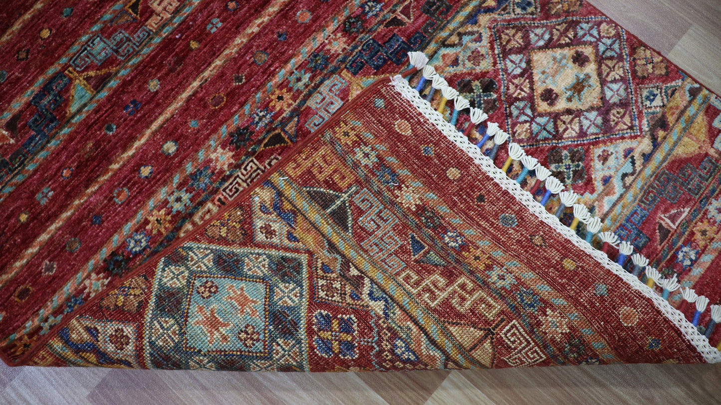 8 Ft Red Hand Knotted Wool Runner Rug, Afghan Traditional Rectangle Carpet, Entryway Rug, Hallway Rug, Kitchen Rug, Foyer Rug, Oriental Rug