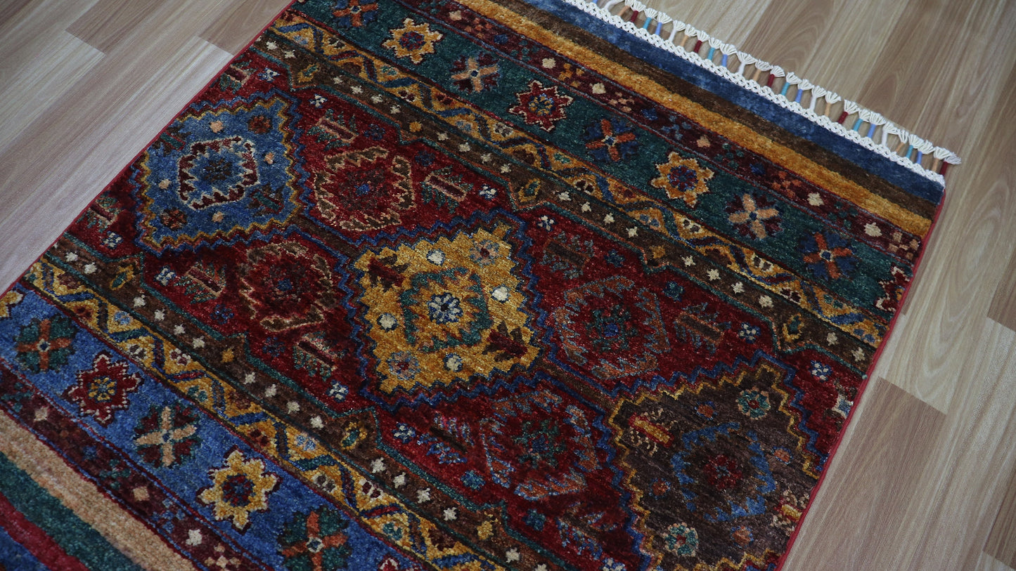 10 Ft Khorjin Runner Rug, Red Blue Afghan Hand Knotted Wool Traditional Rectangle Carpet, Entryway Rug, Hallway Rug, Kitchen Rug, Foyer Rug