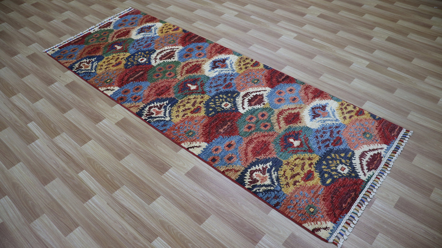 8 Ft Oriental Ikat Runner Rug, Red Afghan Hand Knotted Wool Traditional Rectangle Carpet, Entryway Rug, Hallway Rug, Kitchen Rug, Foyer Rug