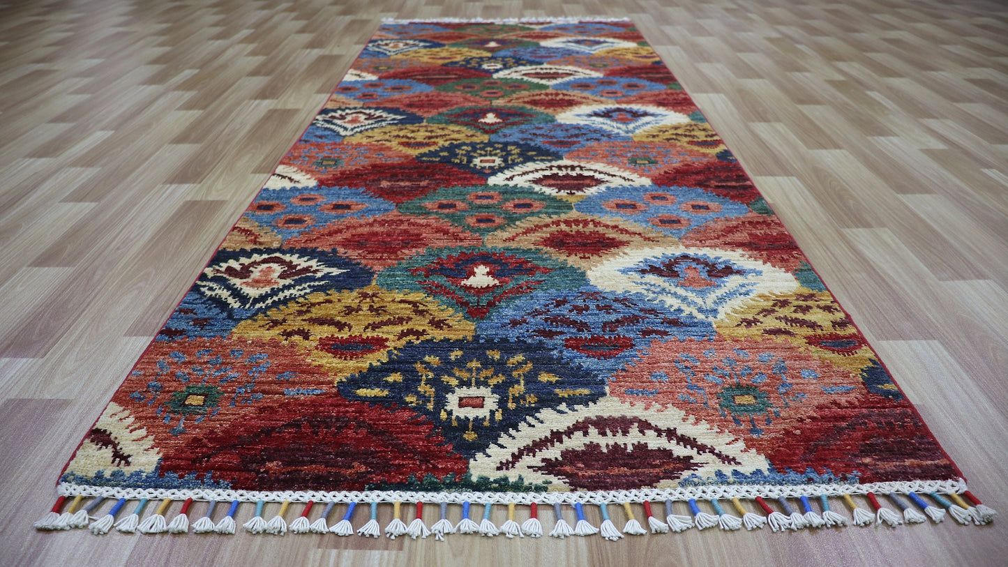 8 Ft Oriental Ikat Runner Rug, Red Afghan Hand Knotted Wool Traditional Rectangle Carpet, Entryway Rug, Hallway Rug, Kitchen Rug, Foyer Rug