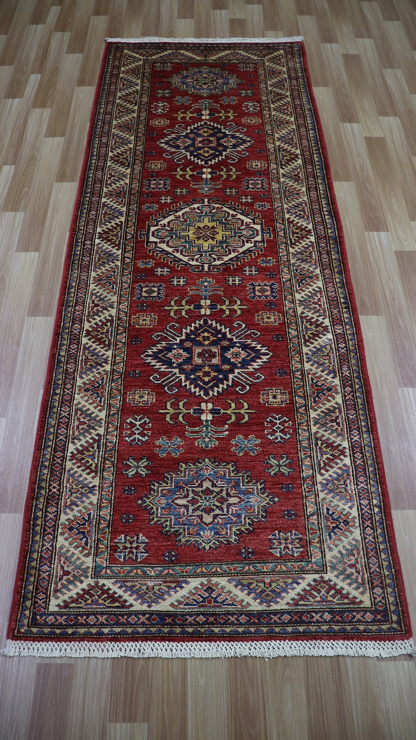 8 Ft Oriental Kazak Runner Rug, Red Afghan Hand Knotted Wool Traditional Rectangle Carpet, Entryway Rug, Hallway Rug, Kitchen Rug, Foyer Rug