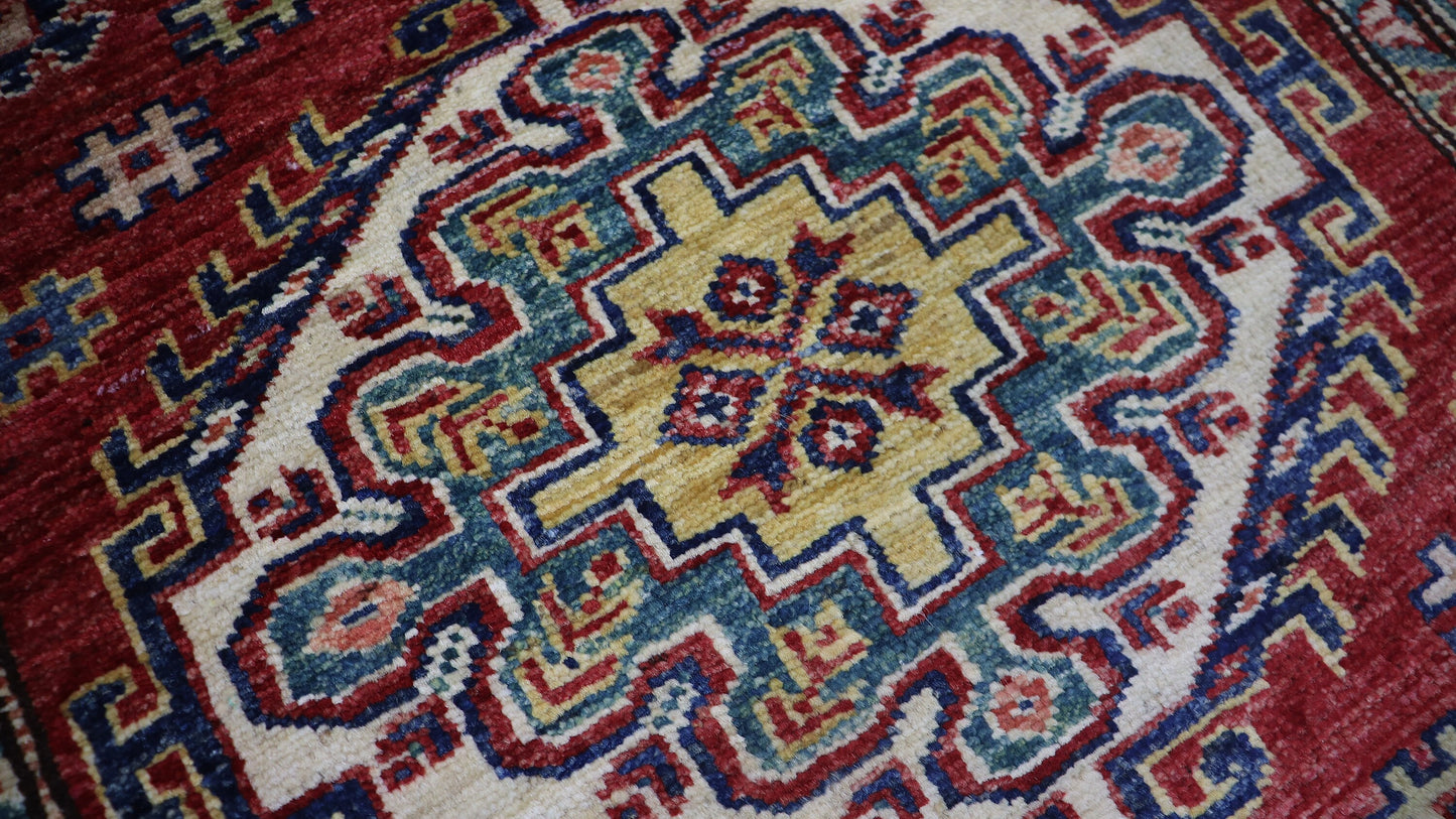 8 Ft Oriental Kazak Runner Rug, Red Afghan Hand Knotted Wool Traditional Rectangle Carpet, Entryway Rug, Hallway Rug, Kitchen Rug, Foyer Rug