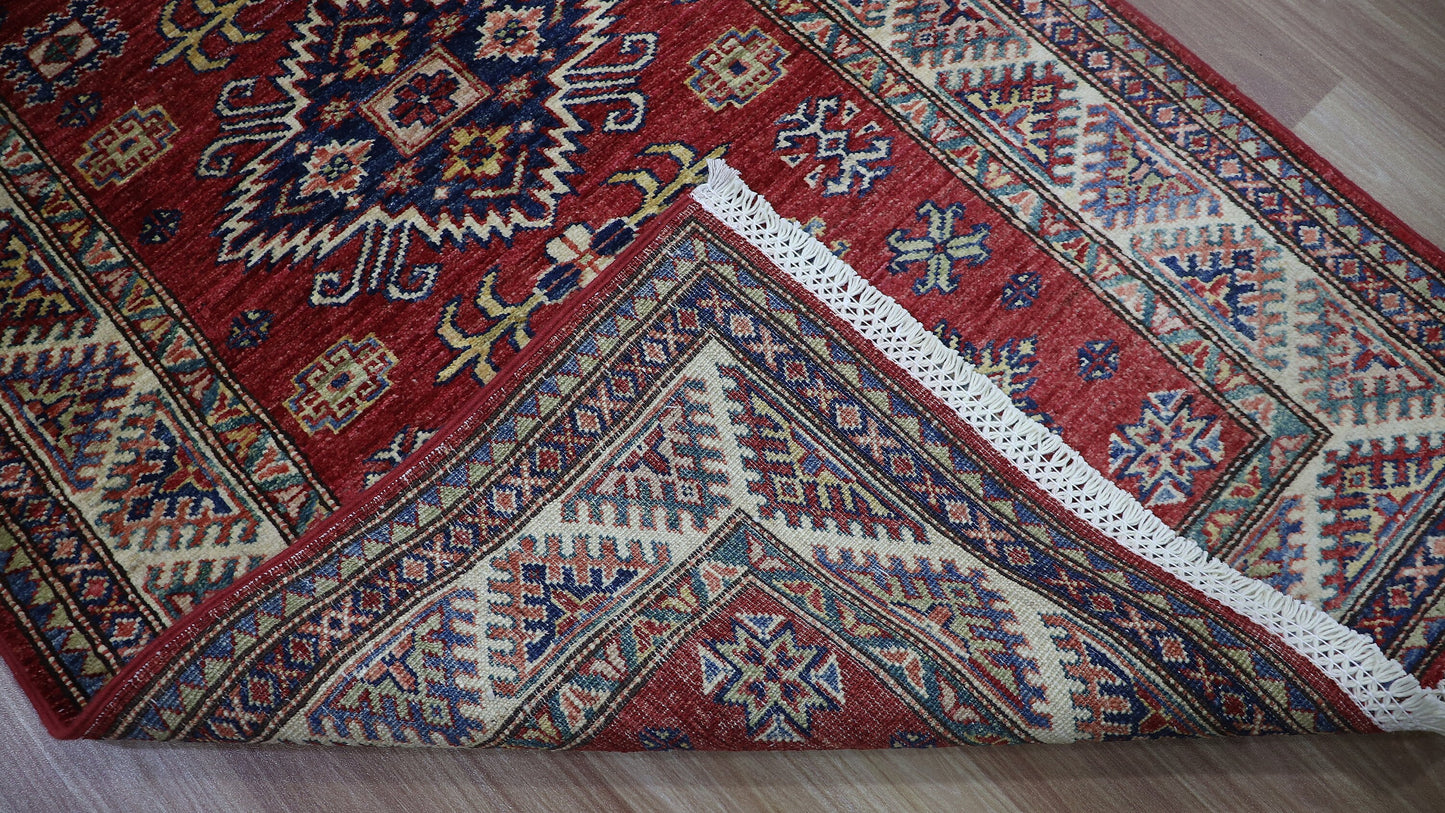 8 Ft Oriental Kazak Runner Rug, Red Afghan Hand Knotted Wool Traditional Rectangle Carpet, Entryway Rug, Hallway Rug, Kitchen Rug, Foyer Rug