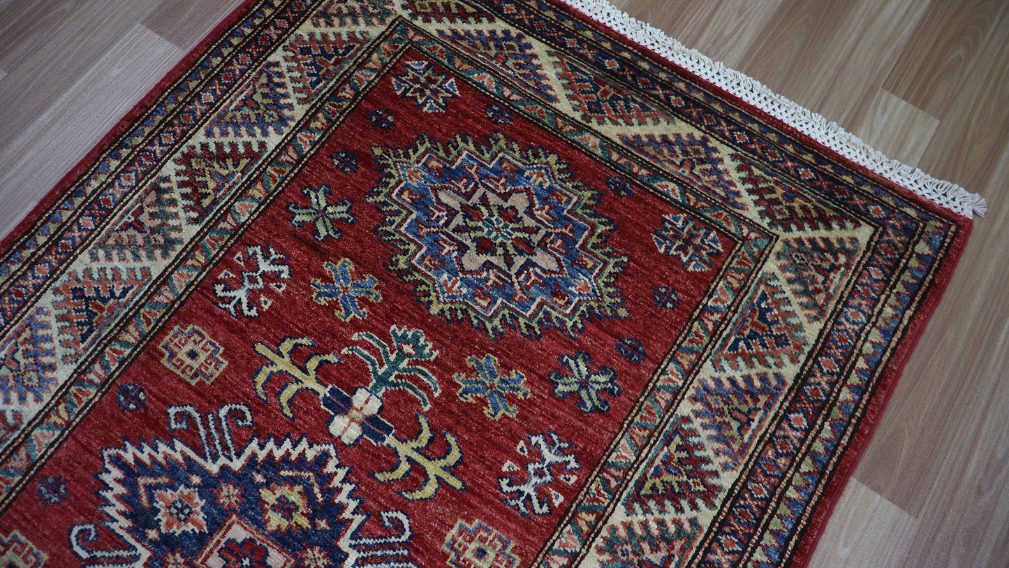 8 Ft Oriental Kazak Runner Rug, Red Afghan Hand Knotted Wool Traditional Rectangle Carpet, Entryway Rug, Hallway Rug, Kitchen Rug, Foyer Rug