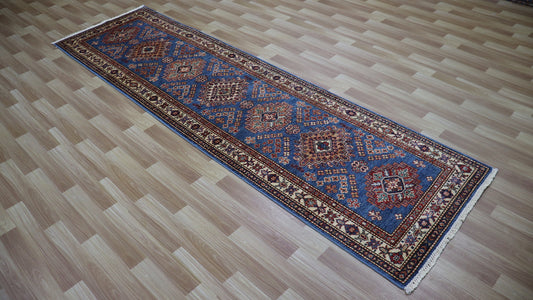 9 Ft Kazak Runner Rug, Blue Beige Afghan Hand Knotted Wool Traditional Rectangle Carpet, Entryway Rug, Hallway Rug, Kitchen Rug, Foyer Rug