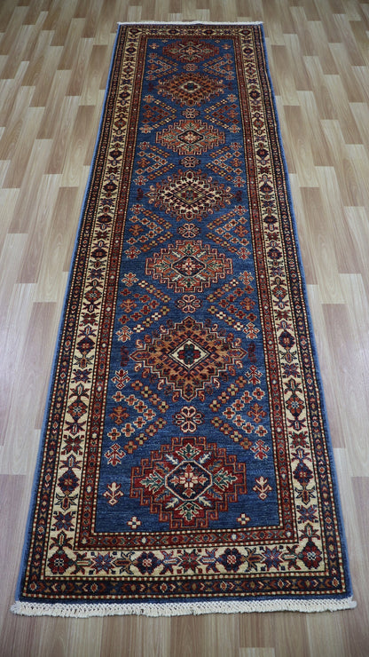 9 Ft Kazak Runner Rug, Blue Beige Afghan Hand Knotted Wool Traditional Rectangle Carpet, Entryway Rug, Hallway Rug, Kitchen Rug, Foyer Rug