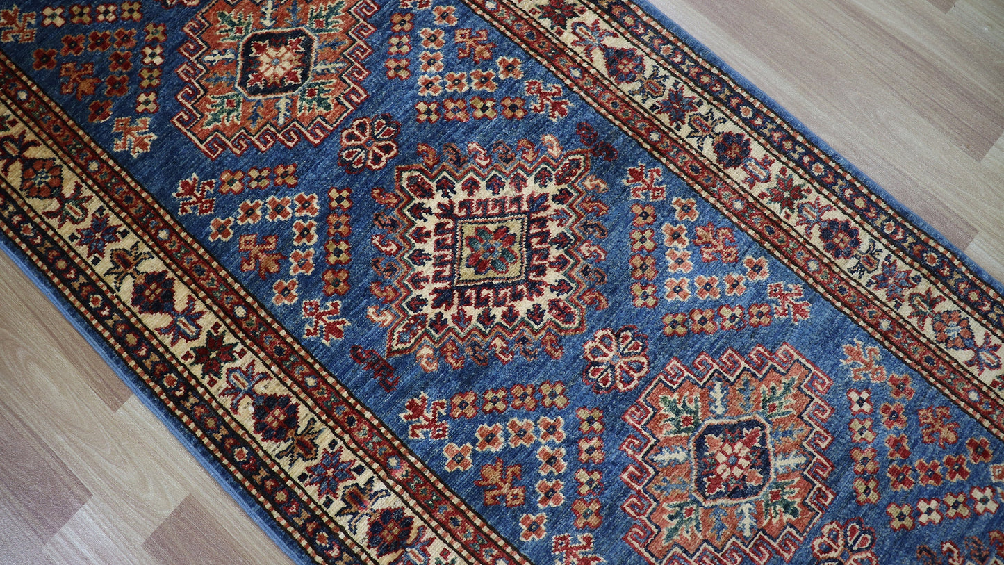 9 Ft Kazak Runner Rug, Blue Beige Afghan Hand Knotted Wool Traditional Rectangle Carpet, Entryway Rug, Hallway Rug, Kitchen Rug, Foyer Rug